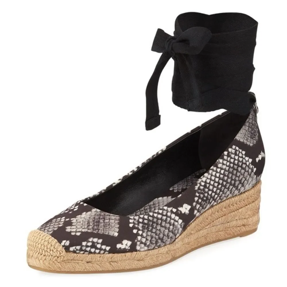 Tory Burch Women's Heather Ankle Wrap Wedge Espadrilles Snake Print Size 9.5 M